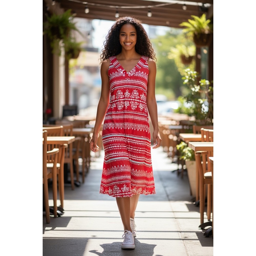 J McLaughlin Coral White Sari Print Sleeveless V Neck‎ Dress Size Small Midi
